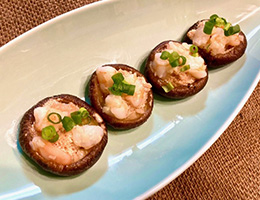 肉厚しいたけとエビの明太アヒージョ